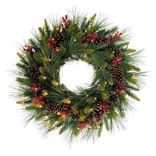 26" Pre-Lit LED Pinecones & Berries Adorned Artificial Christmas Wreath